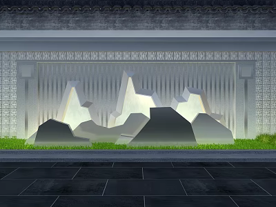 Traditional Scenic Wall With Rock Formation Design Soft Lighting Lattice Patterns And Grass 3d model