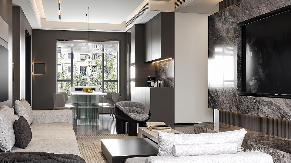Modern Living And Dining Room Interior With Sofa Dining Table Pendant Lights And Marble Wall 3d model 