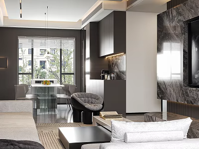 Modern Living And Dining Room Interior With Sofa Dining Table Pendant Lights And Marble Wall 3d model