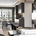 Modern Living And Dining Room Interior With Sofa Dining Table Pendant Lights And Marble Wall