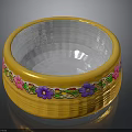 Yellow Decorative Bowl With Colorful Floral Patterns And Green Leaves On Edge