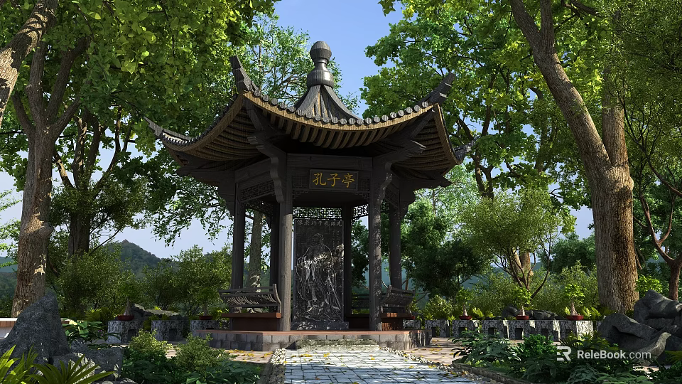 Traditional Chinese Pavilion With Confucius Learning In Garden Surrounded By Green Trees And Mountains 3d model 