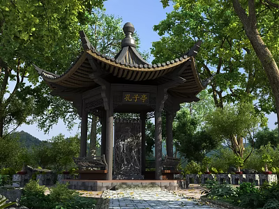 Traditional Chinese Pavilion With Confucius Learning In Garden Surrounded By Green Trees And Mountains 3d model