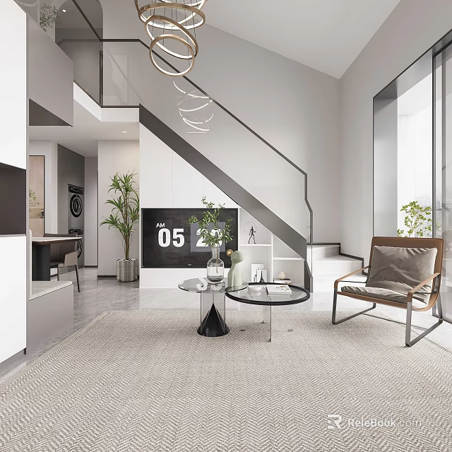 Modern Apartment Interior With Living Room Staircase Coffee Table And Plants Furniture 3d model 