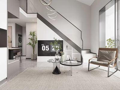 Modern Apartment Interior With Living Room Staircase Coffee Table And Plants Furniture 3d model