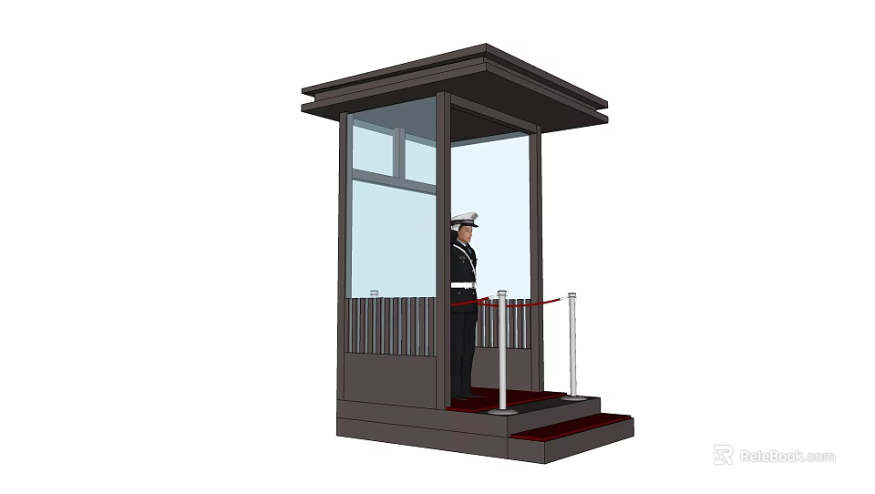 Modern Security Booth With Uniformed Guard Glass Windows And Red Rope Barrier 3d model 