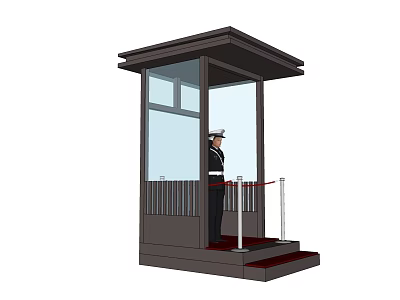 Modern Security Booth With Uniformed Guard Glass Windows And Red Rope Barrier 3d model