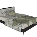 Single Bed With Black Headboard Patterned Bedspread Green Blanket And Decorative Pillows 3d model