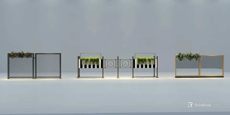 Modern Fence Designs With Flower Boxes Green Plants And Grid Patterns 3d model