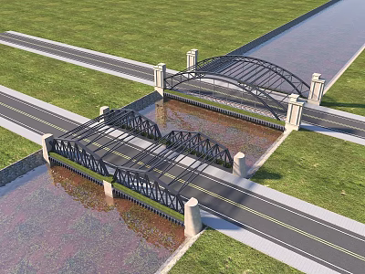 Modern Steel Arch Bridges Spanning Waterway With Roads Grassland And Stone Pillars 3d model