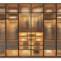 Modern Wardrobe Design With Glass Doors Hanging Rods Shelves And Wooden Drawers