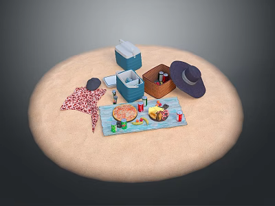 Beach Picnic Setup With Delicious Food Drinks Picnic Blanket And Basket On Sand 3d model