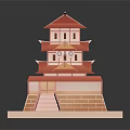 Traditional Multi Tiered Architectural Model With Red Roofs Stone Base And Steps