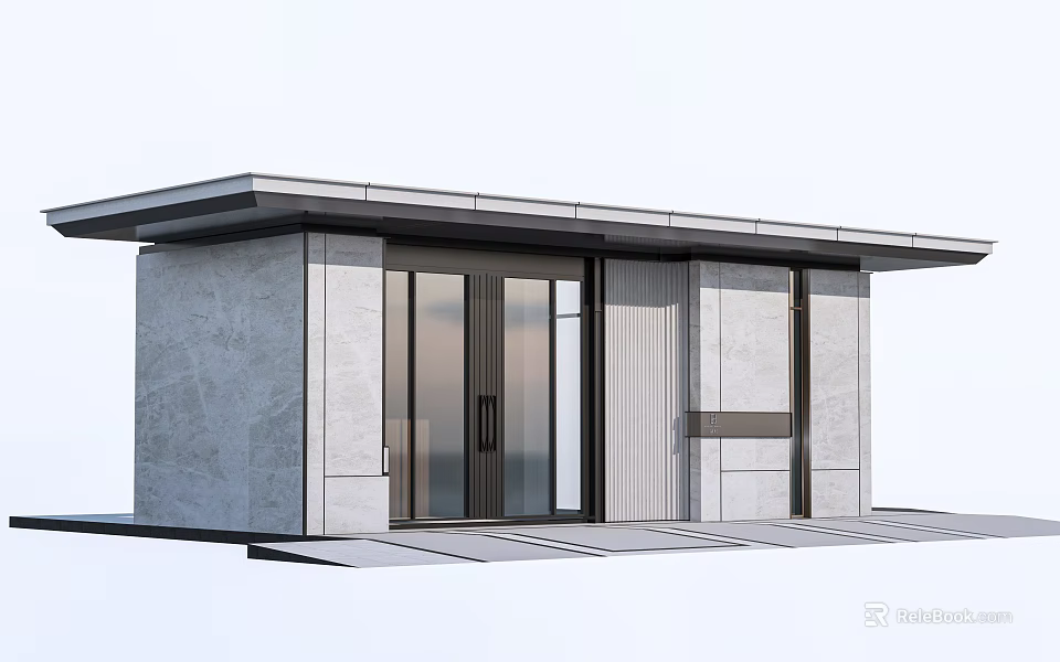 Sleek Modern Entrance Gate With Gray Stone Walls Glass Doors And Flat Roof 3d model 