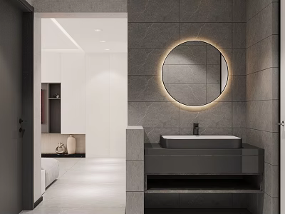 Modern Dining and Living Room Interior with Gray Walls Round Backlit Mirror and White Cabinets 3d model