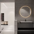 Modern Dining and Living Room Interior with Gray Walls Round Backlit Mirror and White Cabinets
