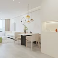 Modern Living And Dining Room Interior With White Walls Sofa Green Stool And Window Curtains