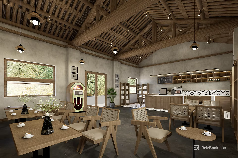 Modern Rustic Café Interior With Wooden Ceiling Hanging Lights And Cozy Tables 3d model 