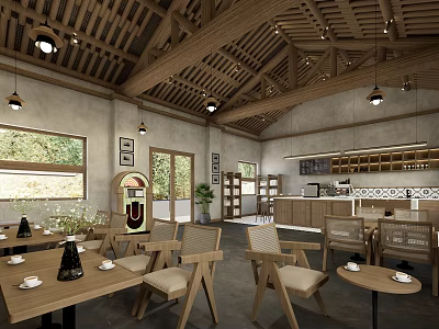 Modern Rustic Café Interior With Wooden Ceiling Hanging Lights And Cozy Tables 3d model