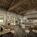 Modern Rustic Café Interior With Wooden Ceiling Hanging Lights And Cozy Tables