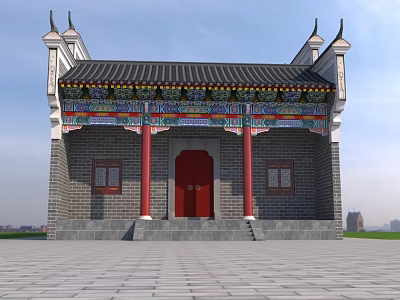 Traditional Chinese Architecture With Red Door Gray Brick Wall And Decorative Eaves 3d model