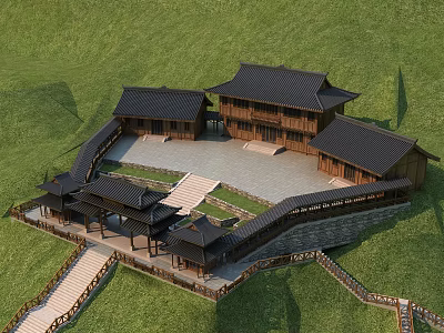 Ancient Chinese Architecture Featuring Traditional Wooden Structure Black Roofs Courtyard And Stone Steps 3d model