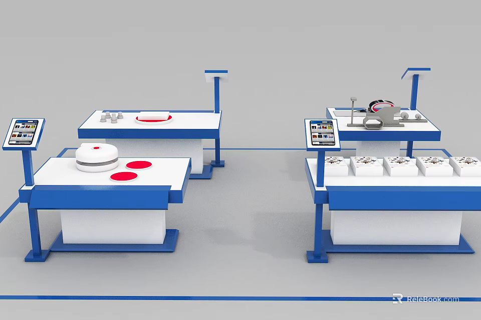 Modern Blue And White Display Shelves With Multiple Exhibition Counters And Circular Items 3d model