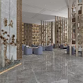 Modern Sales Office Lobby With Wooden Lattice Screens Marble Flooring And Comfortable Seating