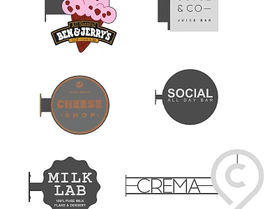 Public Food Service Facilities With Juice Bar Coffee Roasters Cheese Factory And Milk Lab Signs 3d model