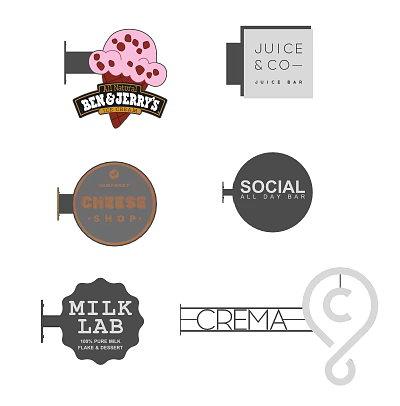 Public Food Service Facilities With Juice Bar Coffee Roasters Cheese Factory And Milk Lab Signs 3d model