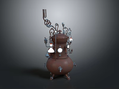 Vintage Industrial Metal Equipment With Complex Pipes Valves And Glass Bulbs 3d model