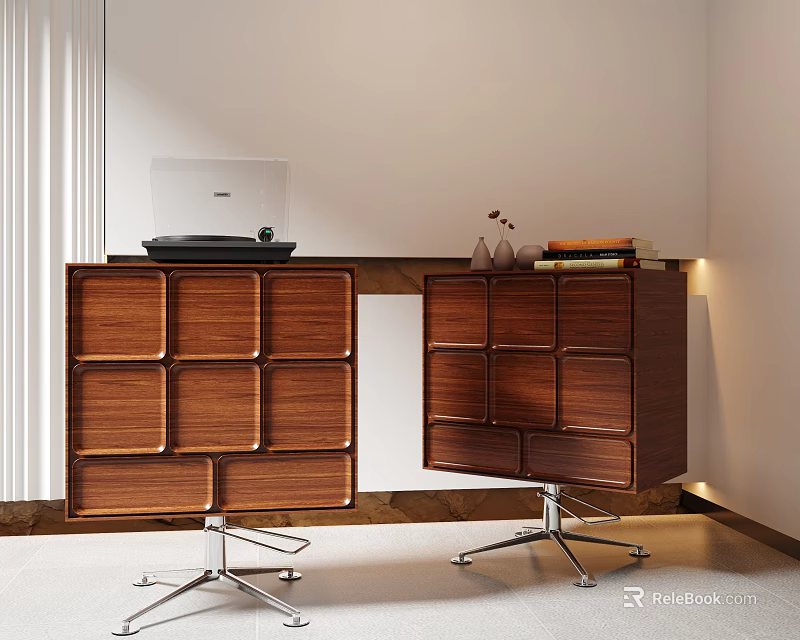 Modern Wooden Office Desk With Drawers Metal Stands Laptop And Decorative Books 3d model 