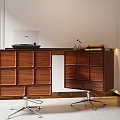 Modern Wooden Office Desk With Drawers Metal Stands Laptop And Decorative Books