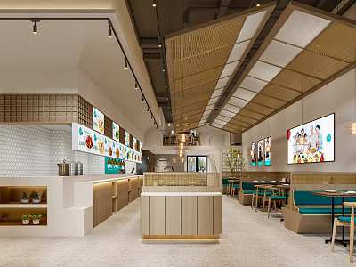 Modern Restaurant Interior With Wooden Counter Booth Seats And Wall Decorations 3d model
