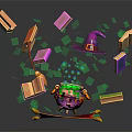 Flying Books Surrounding Magic Pot With Purple Wizard Hat Green Liquid And Red Cloth