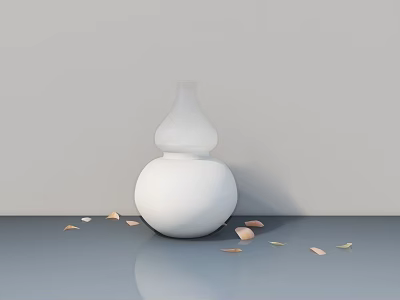 Elegant White Gourd Shaped Vase with Scattered Petals on Gray Surface 3d model