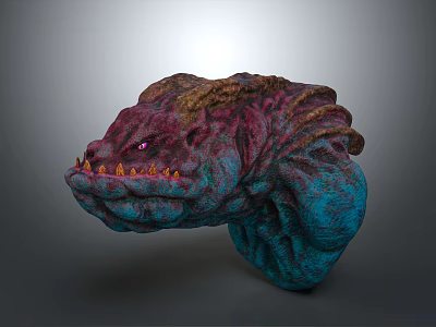 Vibrant Mythical Monster Head Sculpture With Red Blue Details And Sharp Orange Teeth 3d model