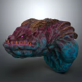 Vibrant Mythical Monster Head Sculpture With Red Blue Details And Sharp Orange Teeth