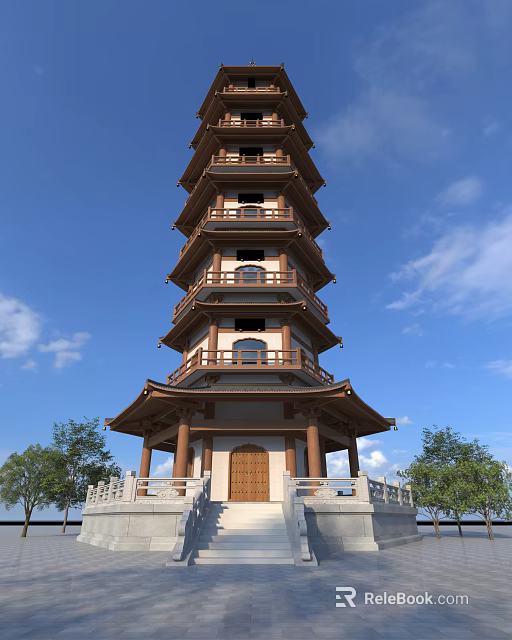 Traditional Chinese Multi Tiered Pagoda With Wooden Elements Surrounding Trees And Blue Sky 3d model 