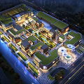 Aerial View of Commercial Street With Green Rooftops Night Lighting and Pedestrian Areas