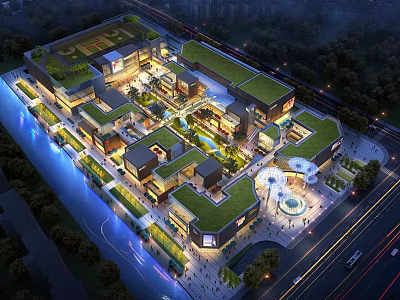 Aerial View of Commercial Street With Green Rooftops Night Lighting and Pedestrian Areas 3d model