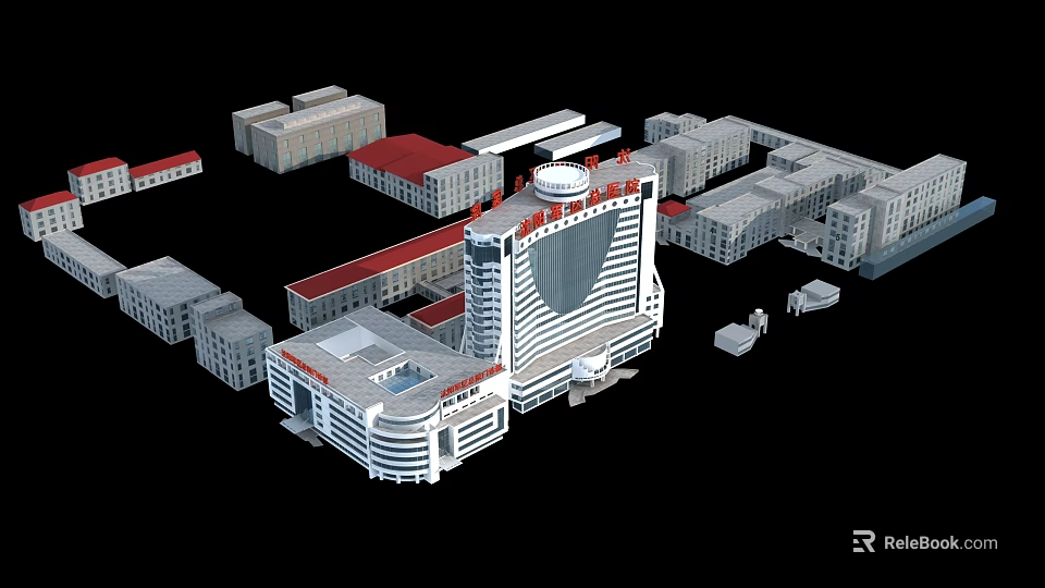 Modern Hospital Building Complex With Red Roofs And White Exterior Structures 3d model 