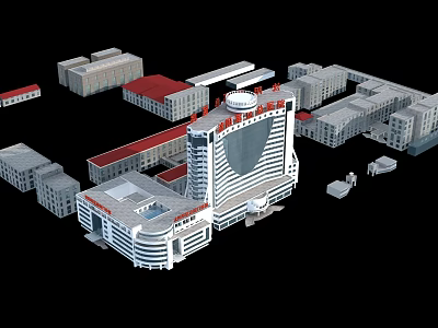 Modern Hospital Building Complex With Red Roofs And White Exterior Structures 3d model
