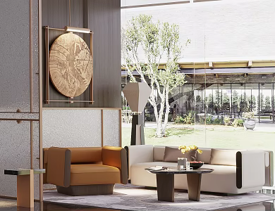 New Chinese Style Sales Office Sales Department Rest Area Sales Office Negotiation Area New Chinese Style Sofa Coffee Table Sales Office Reception Area New Chinese Style Floor Lamp Wall Decoration 3d model
