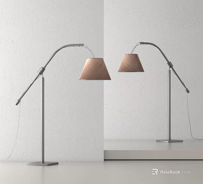 Modern Arched Floor Lamps With Silver Metal Poles And Brown Fabric Shades 3d model 