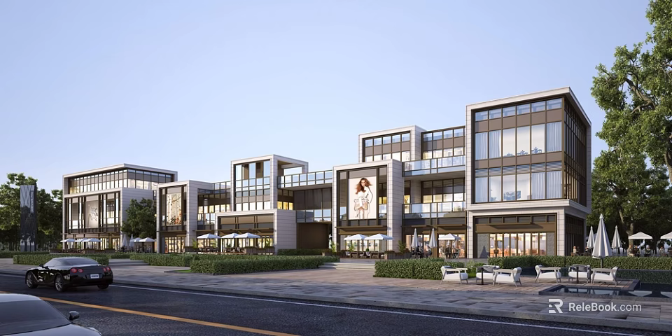 Modern Commercial Street With Multi Story Glass Facades And Outdoor Seating Areas 3d model 