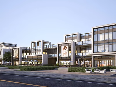 Modern Commercial Street With Multi Story Glass Facades And Outdoor Seating Areas 3d model