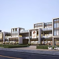 Modern Commercial Street With Multi Story Glass Facades And Outdoor Seating Areas