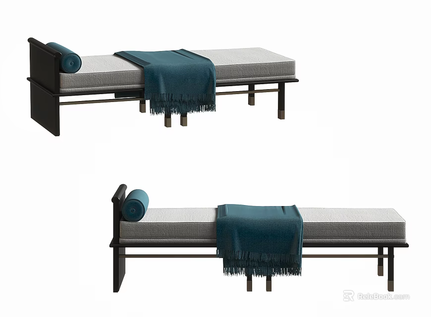 Comfortable Modern Sofa Bench With Gray Cushion Black Frame And Blue Blanket 3d model