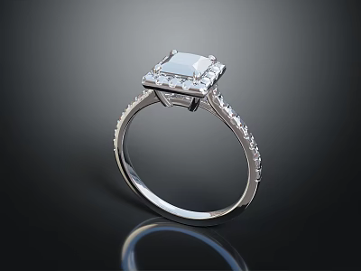 Elegant Silver Ring With Square Center Diamond And Small Diamonds Inlaid Band Design 3d model